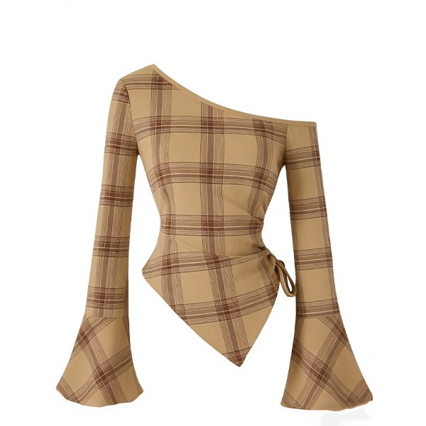 Women's Knit Drawstring T-Shirt - Long Bell Sleeves Sexy Irregular Hem